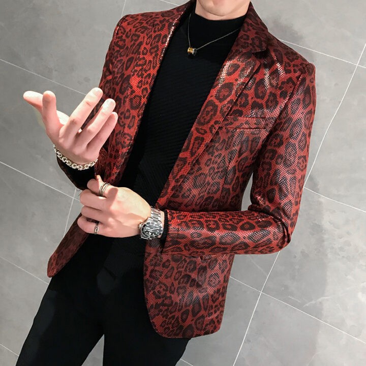 Leopard Print Blazers Korean Style Mens Club Outfits 2