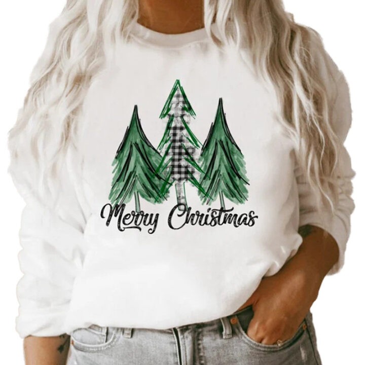 White Long Sleeve Loose Christmas Graphic Print Sweater 1