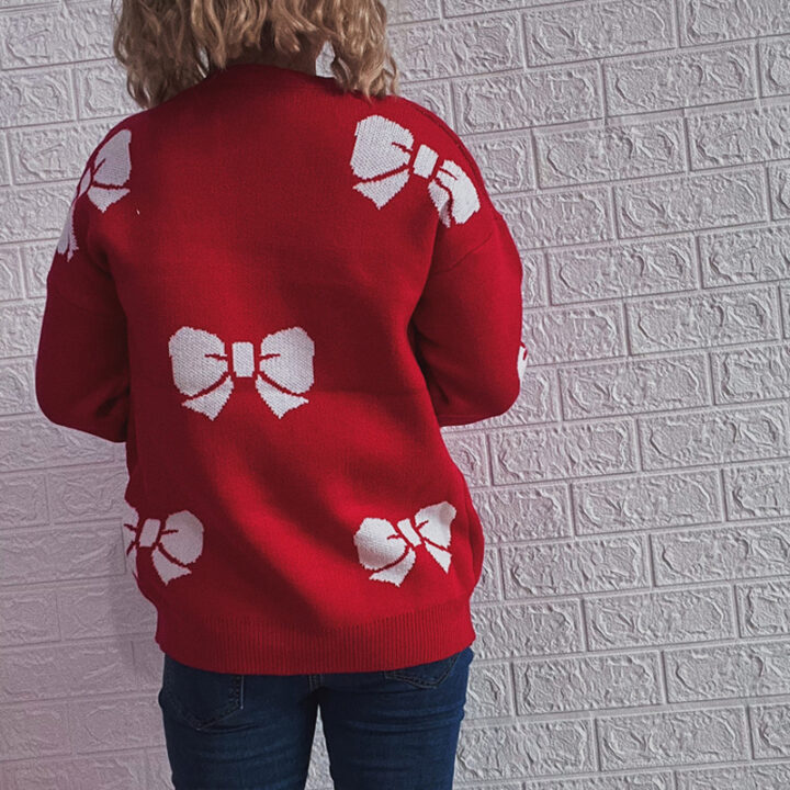 Autumn Winter Red Christmas Year Sweater Bell Snowflake Bow Thickened Pullover Women 5