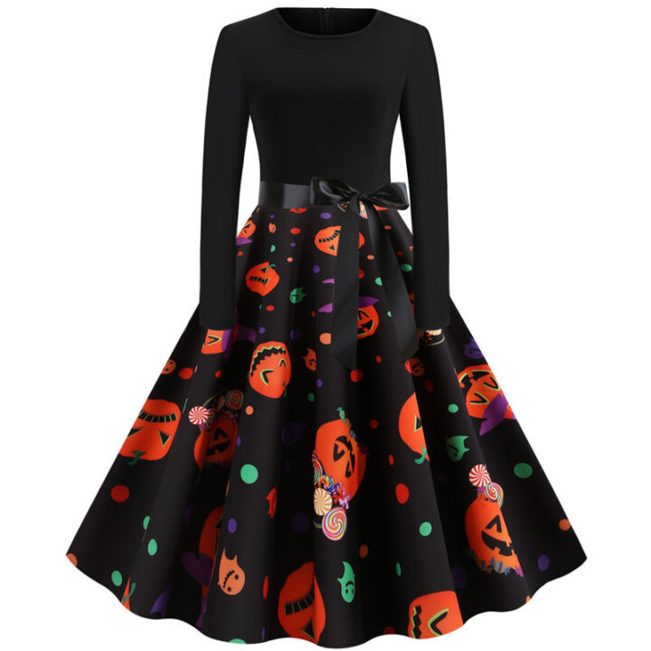 Elegant Pumpkin Print Halloween Dress 6