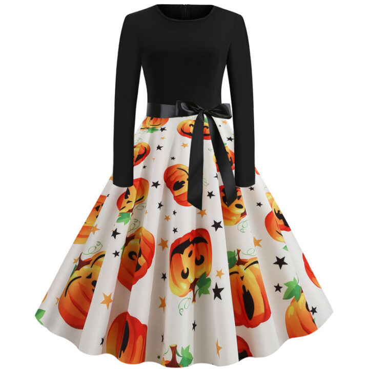 Elegant Pumpkin Print Halloween Dress 2