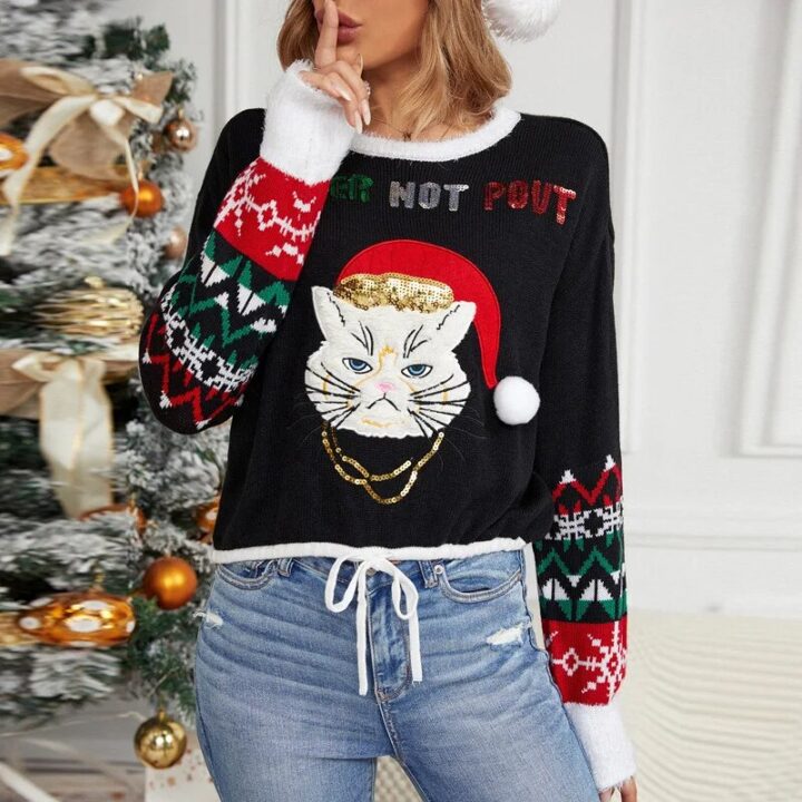 Embroidered Santa Cat head Sweater 2