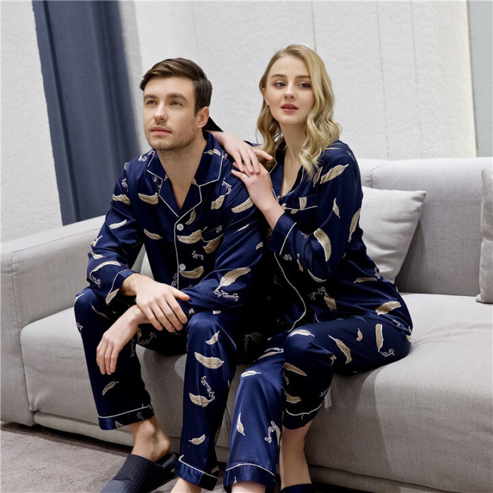 V-Neck Long Sleeve Luxury Couple Pajamas 1