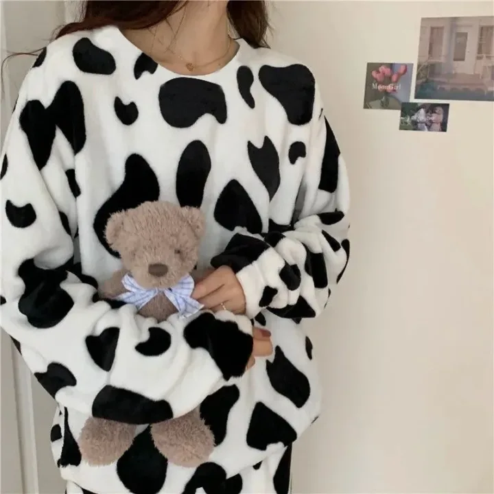 Warm Cow Print Flannel Homewear PJ Set 4