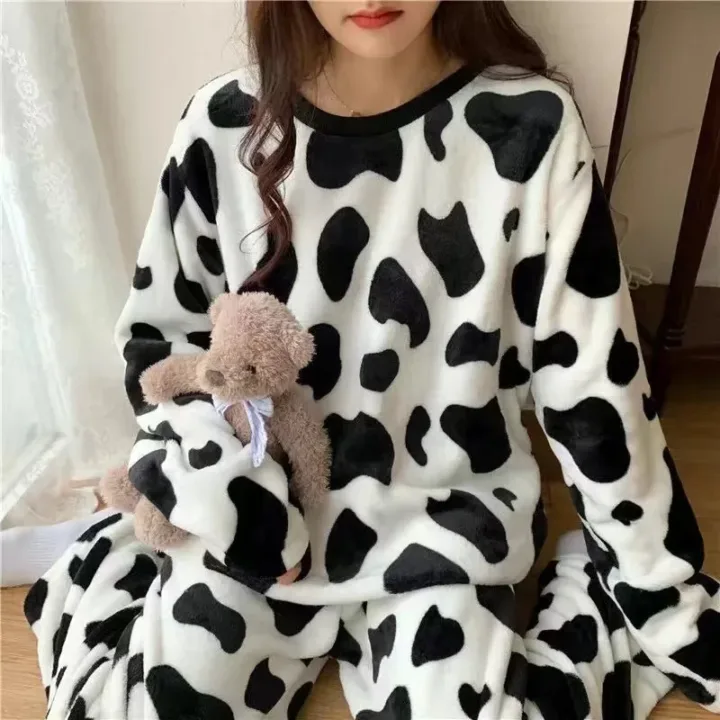 Warm Cow Print Flannel Homewear PJ Set 1